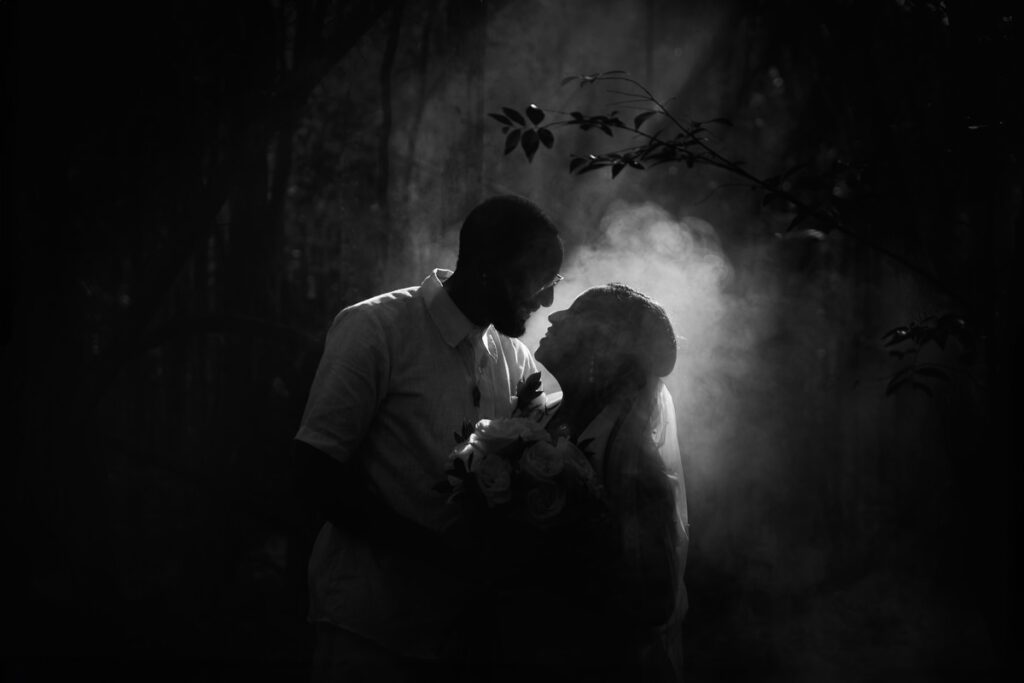 Intentional blur photo dark and moody silhouette of bride and groom in smoke