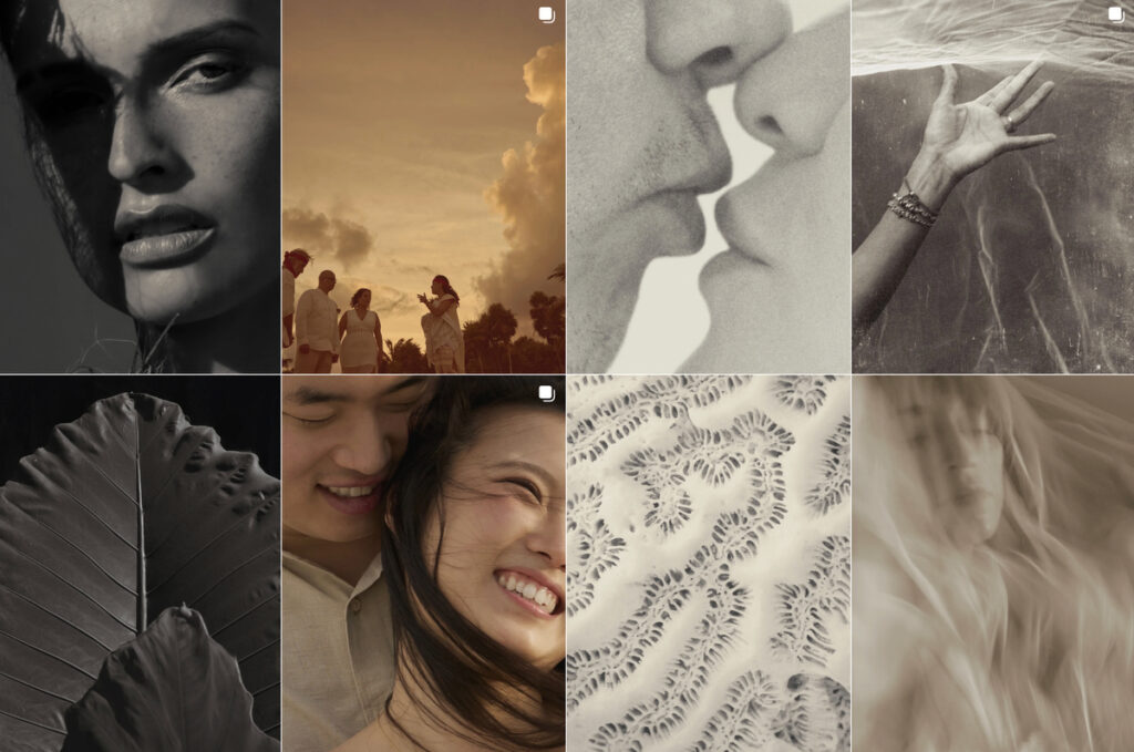 the instagram feed of Tulum based wedding photographer Polly and the Lovebites showcasing textures, environmental shots and nature mixed with editorial imagery