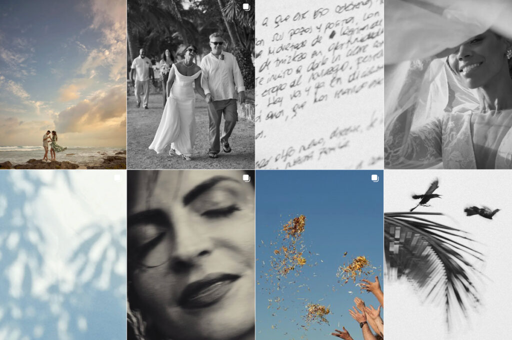 a collage of wedding photographs showcasing a less is m ore approach juxtaposing documentary images with abstract crops, and details of nature