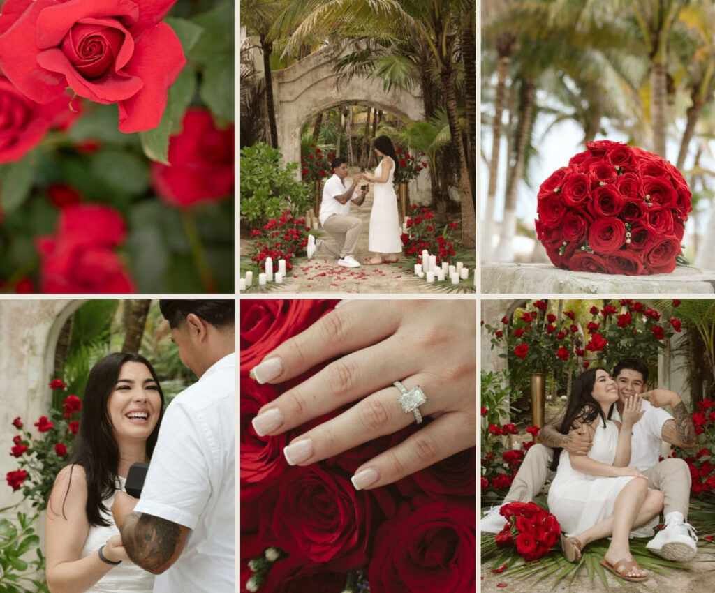 Romantic vidanta proposal with vibrant red roses: close-ups of the floral details, the couple during the proposal beneath weathered arches and palm trees, a bouquet of red roses, a close-up of the engagement ring, and the couple celebrating together after the proposal